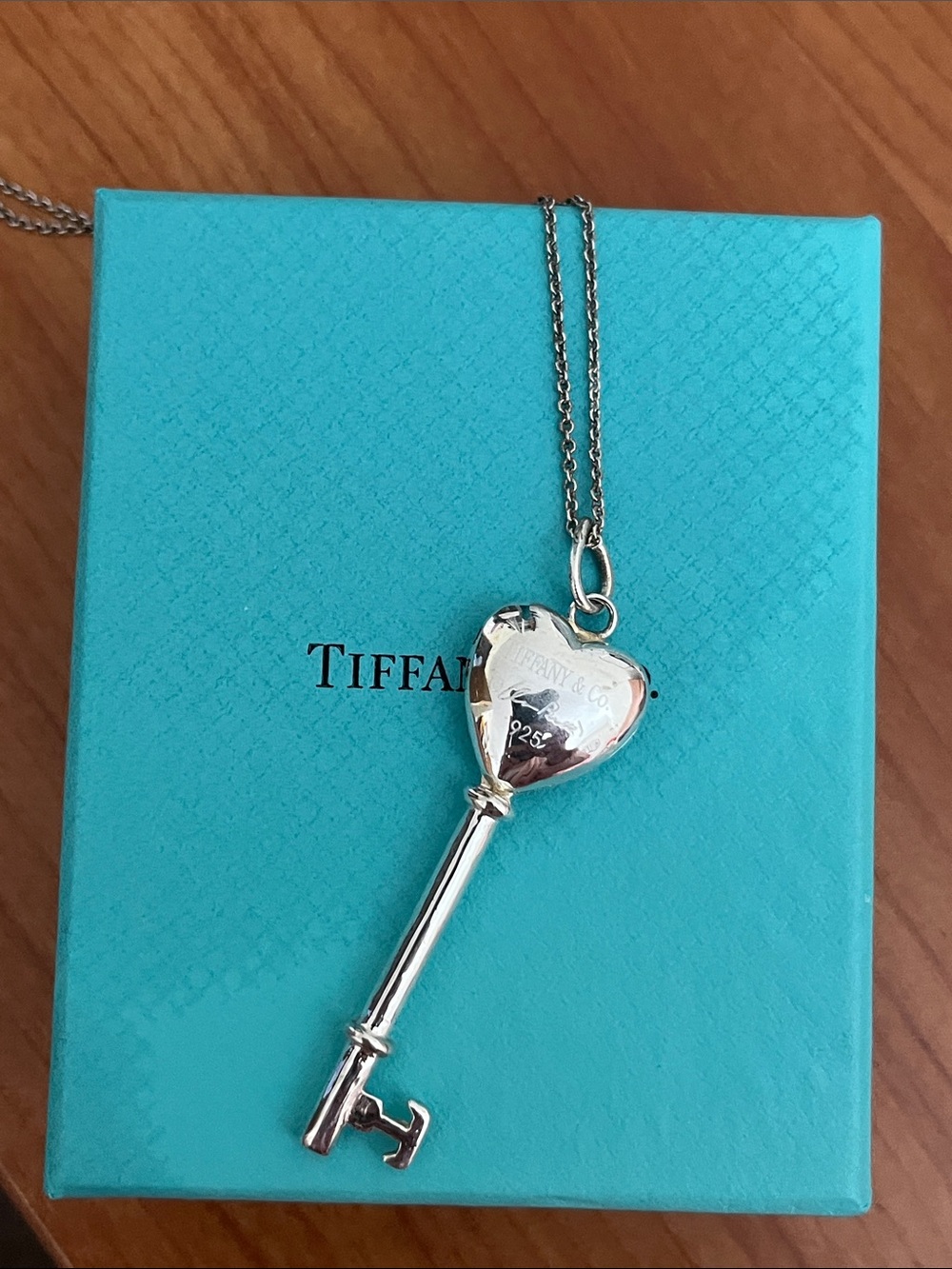 Tiffany & Co. Silver Heart Key Pendant Necklace with Box Blue
